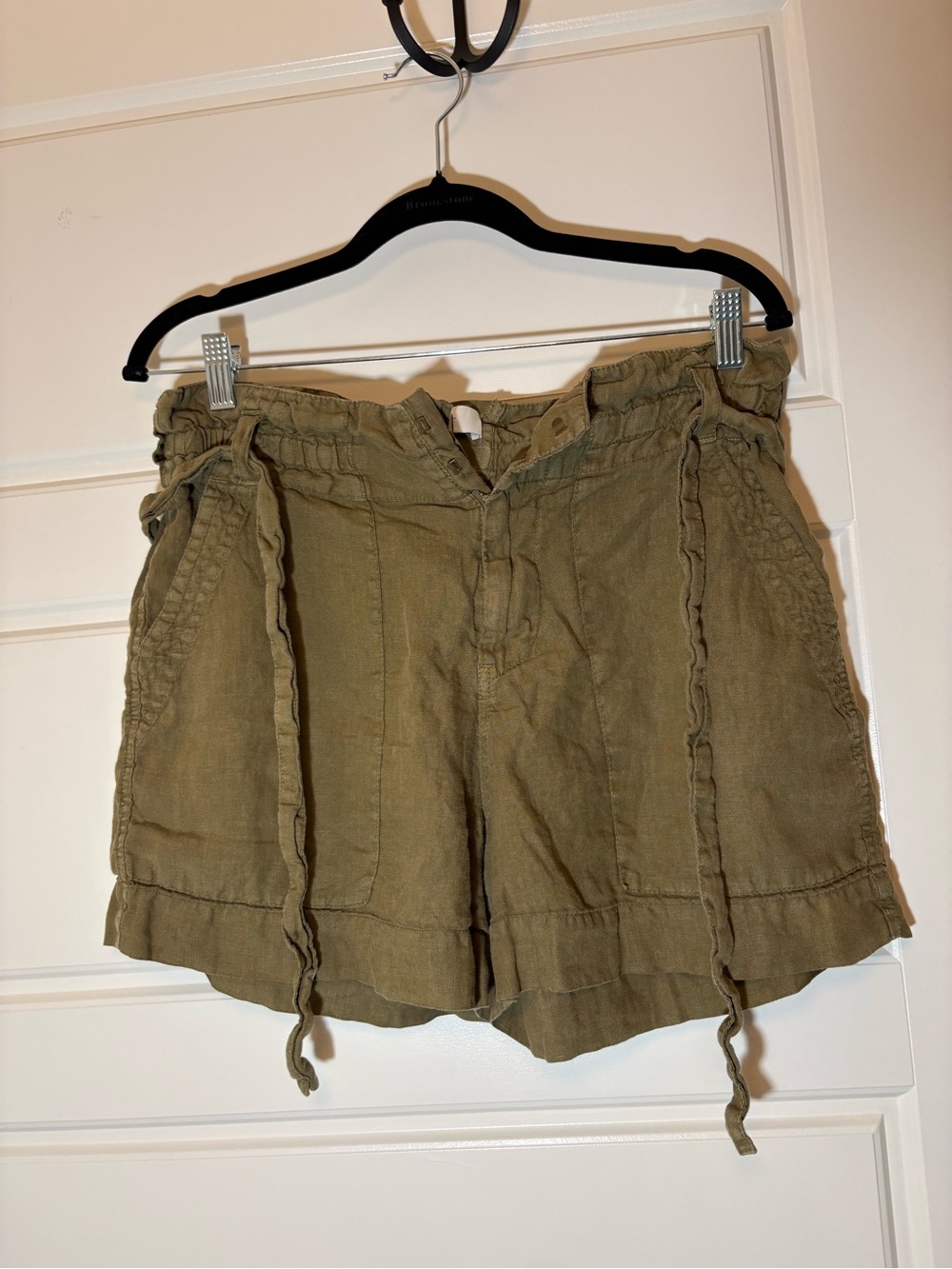 Olive Green Paperbag Waist Women's Shorts LINEN